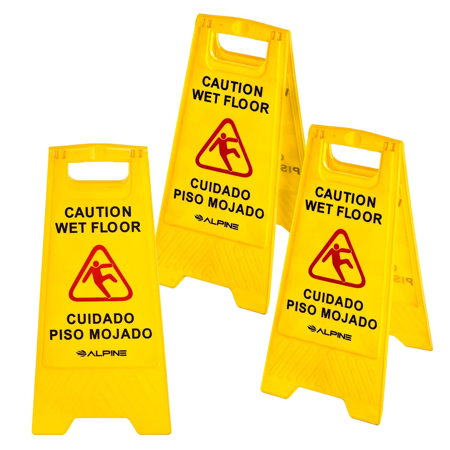 Alpine Industries 24-Inch Caution Wet Floor Sign - 3 Pack A-Frame Bright Yellow Warning Sign - Sturdy Double Sided Fold Out Bilingual Floor Safety Alert Ideal for Commercial Use