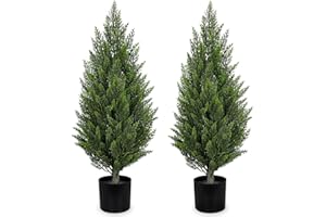 Briful 3ft Cedar Topiary Trees Artificial Outdoor Set of 2, Realistic Faux Cedar Pines with Pots, UV Resistant Christmas Greenery for Holiday Decor, Indoor Farmhouse Entryway Patio Door Plants
