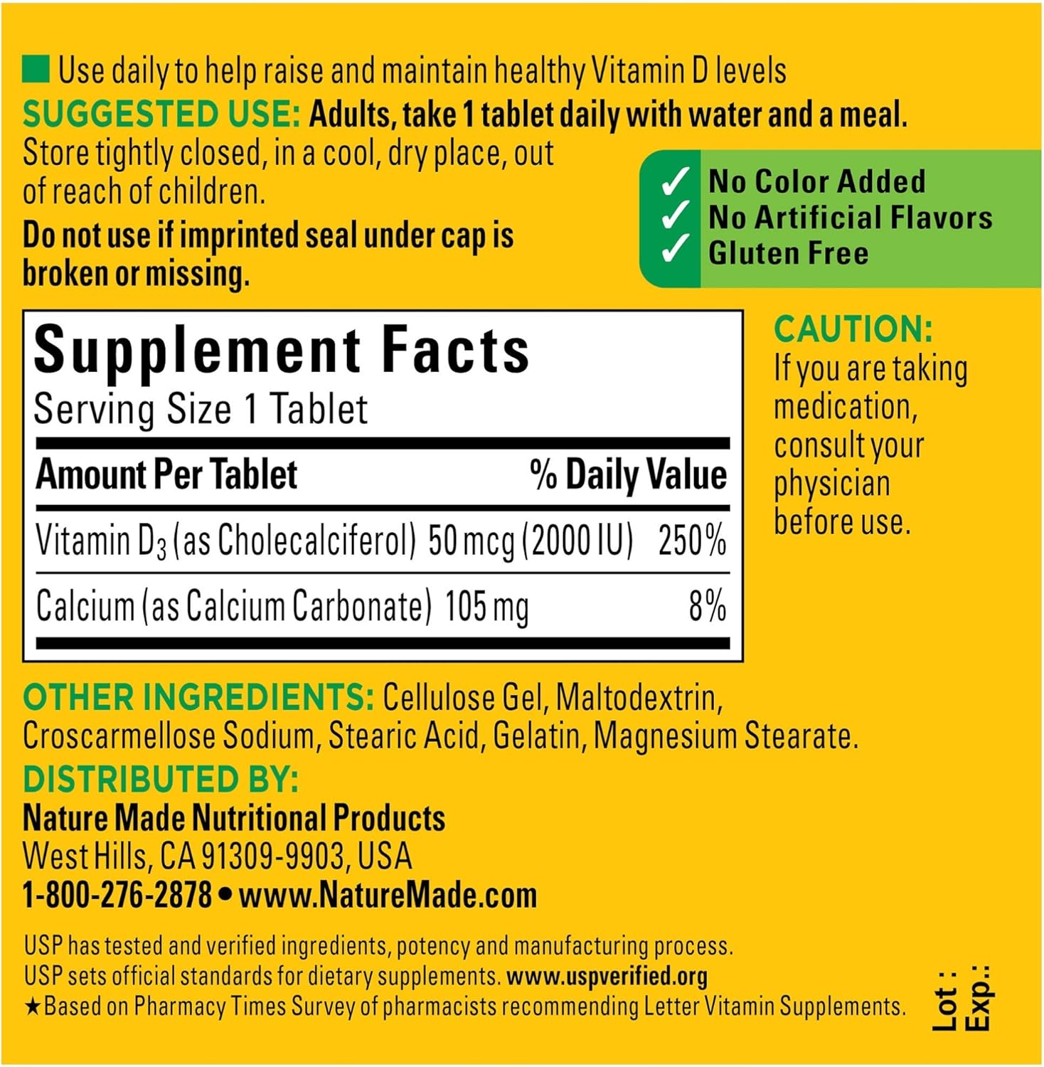 Nature Made Vitamin D3 2000 IU (50 mcg) Tablets, 100 Count for Bone Health† (Packaging May Vary): Health & Personal Care