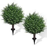 Artificial Set of 2 Cedar Topiary Ball Trees 22" for Outdoors with Ground Spike, UV Resistant Faux Cypress Plants into Anywhere, Evergreen Shrubs Bushes for Room Front Porch Garden Backyard Decor