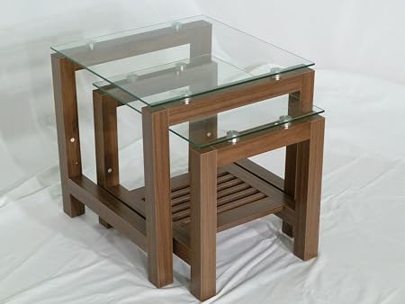 Walnut Finished Chunky Wood Clear Glass Nest Of Tables Amazon Co Uk Kitchen Home