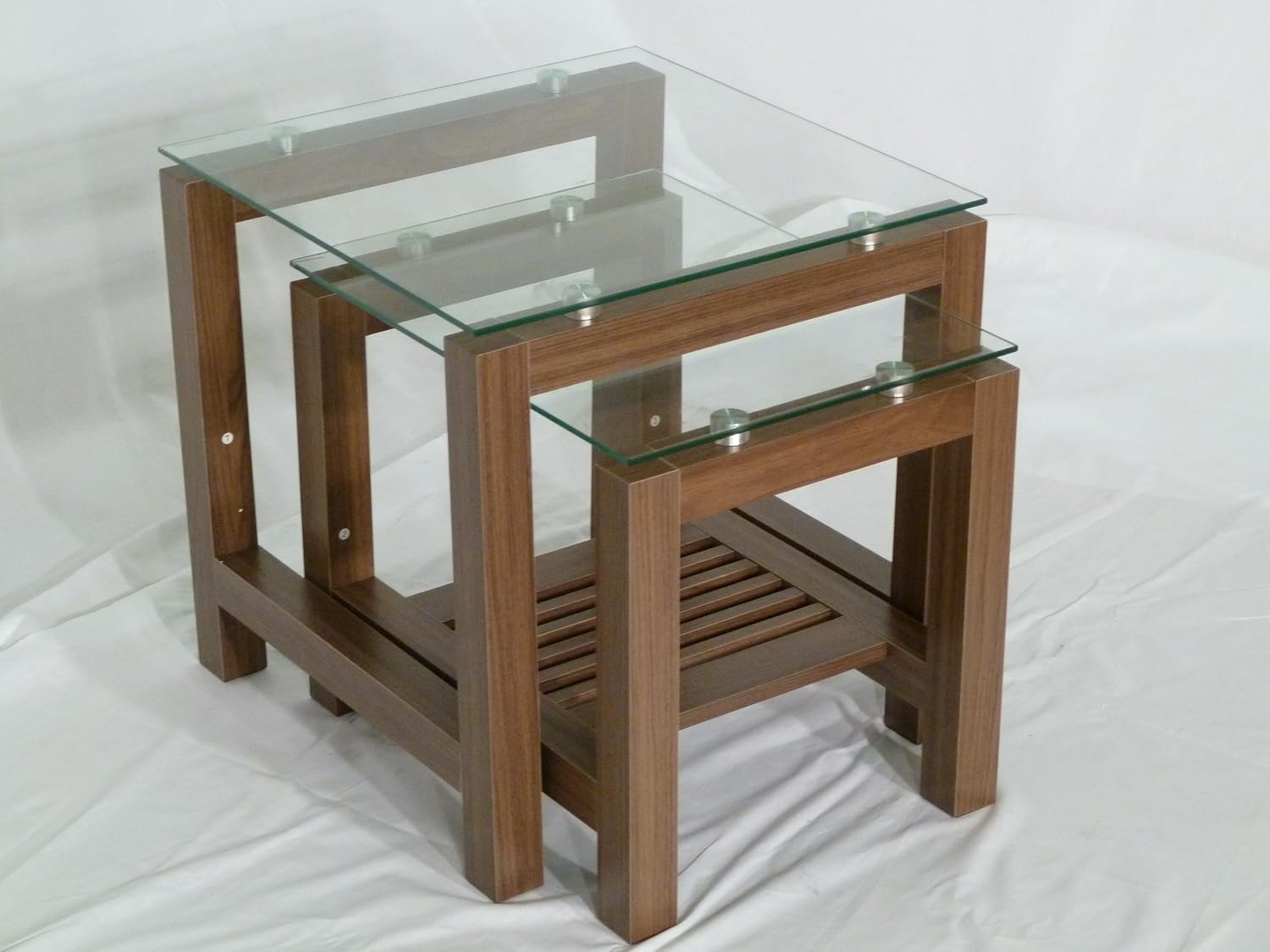Walnut Finished Chunky Wood & Clear Glass Nest Of Tables Amazon.co.uk