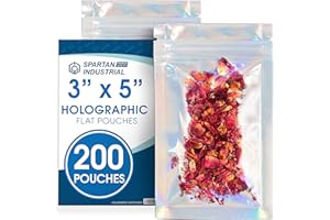 Spartan Industrial - 3" X 5" Holographic Foil Bags - Pack of 200 Resealable Bags for Food, Wax Melts, Lip Gloss Packaging, an