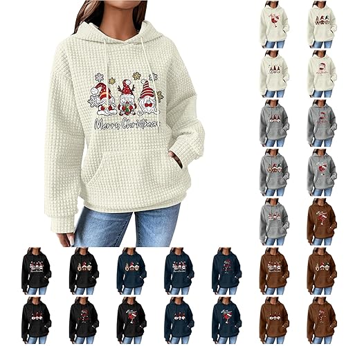 DUHGBNE christmas jumper hoodie Christmas Costume for Women Uk Waffle Pattern Crew Neck Xmas Theme Print Santa Merry Hoodies Drawstring Long jumpers