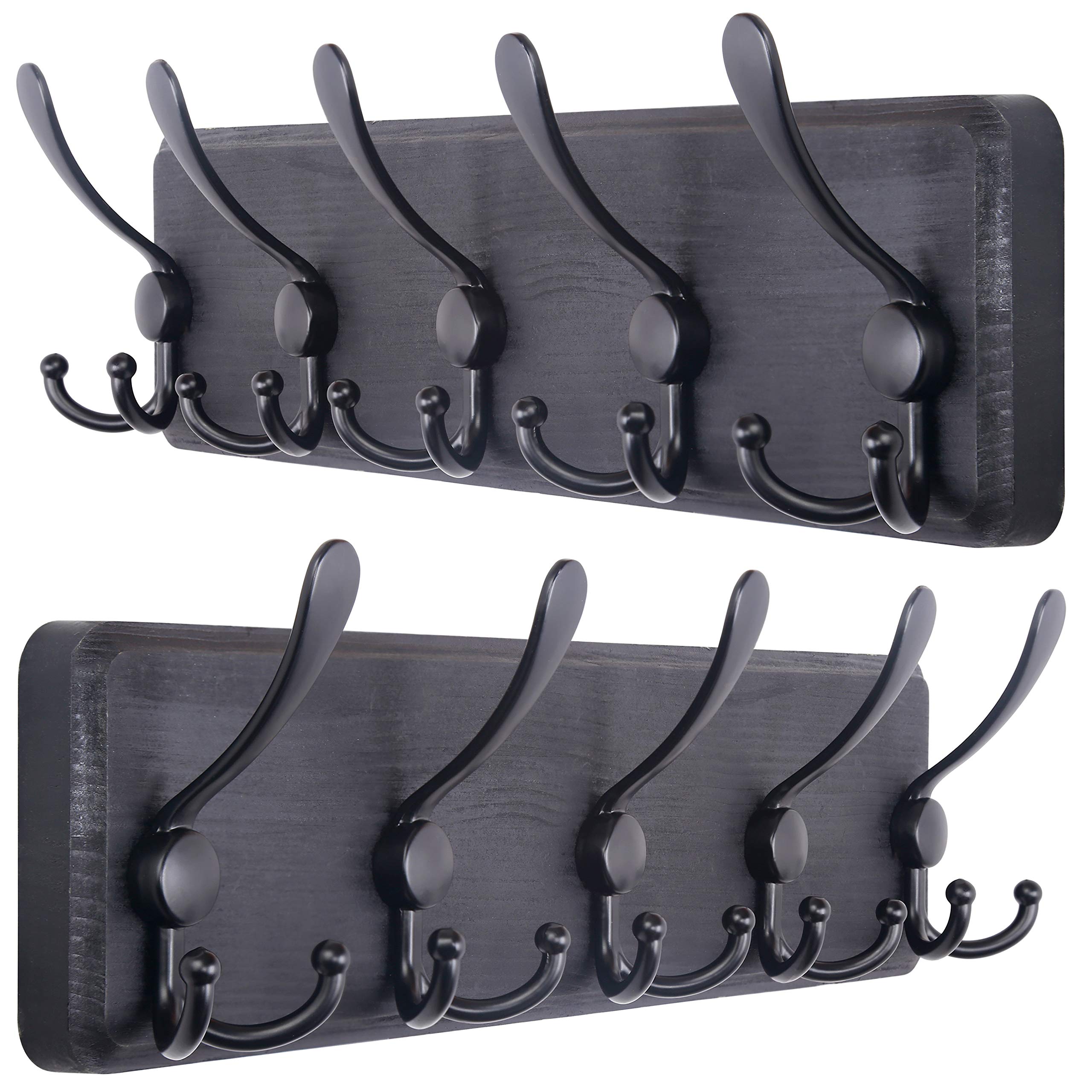 SKOLOO Coat Rack Wall Mounted - Pack of 2, Wooden, Heavy Duty, Rustic Coat Hooks for Wall, 16'' Hole to Hole, Wall Coat Rack with 5 Triple Hooks for Hanging Clothes, Jacket, Hat(Black)