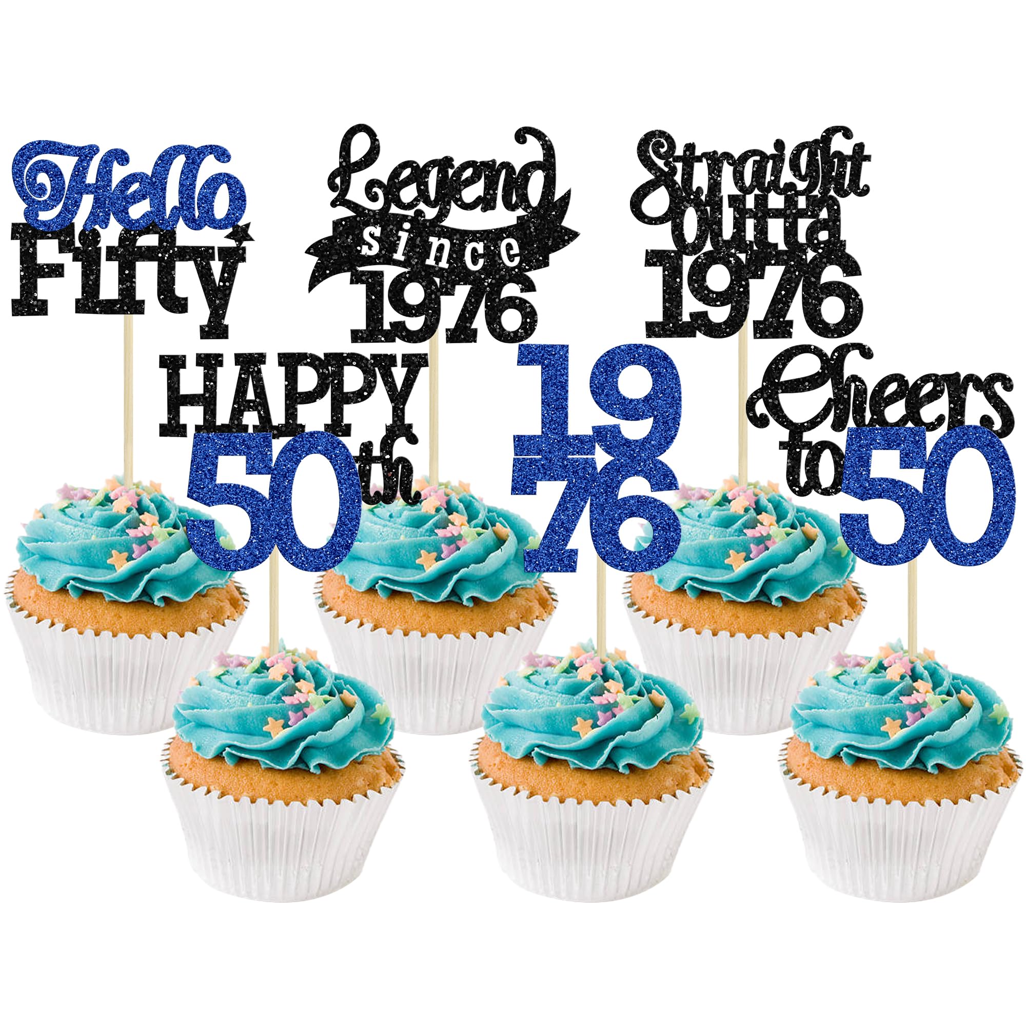 Gyufise 24Pcs Happy 50th Birthday Cupcake Toppers Hello Fifty Legend Since 1976 Cupcake Picks Cheers to 50 Years Cake Decorations for 50th Birthday Anniversary Party Supplies Black Blue