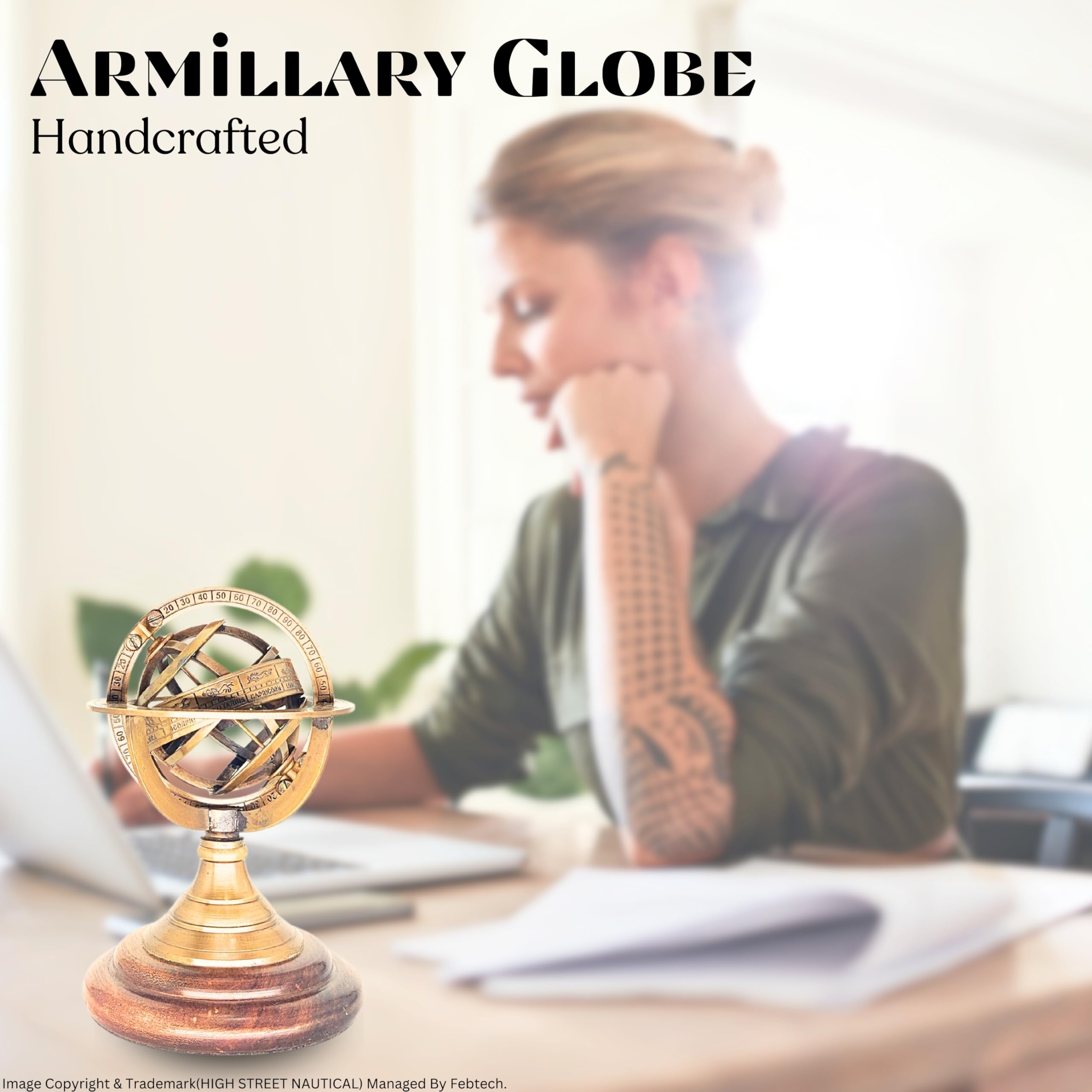 Antique Style Nautical Brass Armillary Sphere World Globe Astrolabe Mounted on Wooden Base - Perfect Decor Accent for Office