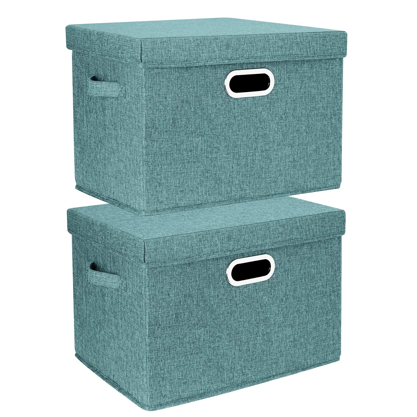 TYEERS Large Storage Box with Lid, Collapsible, Washable, Fabric Storage Box for Clothes, Wardrobe Storage, 44x30x29 cm, Set of 2, Aqua Deep