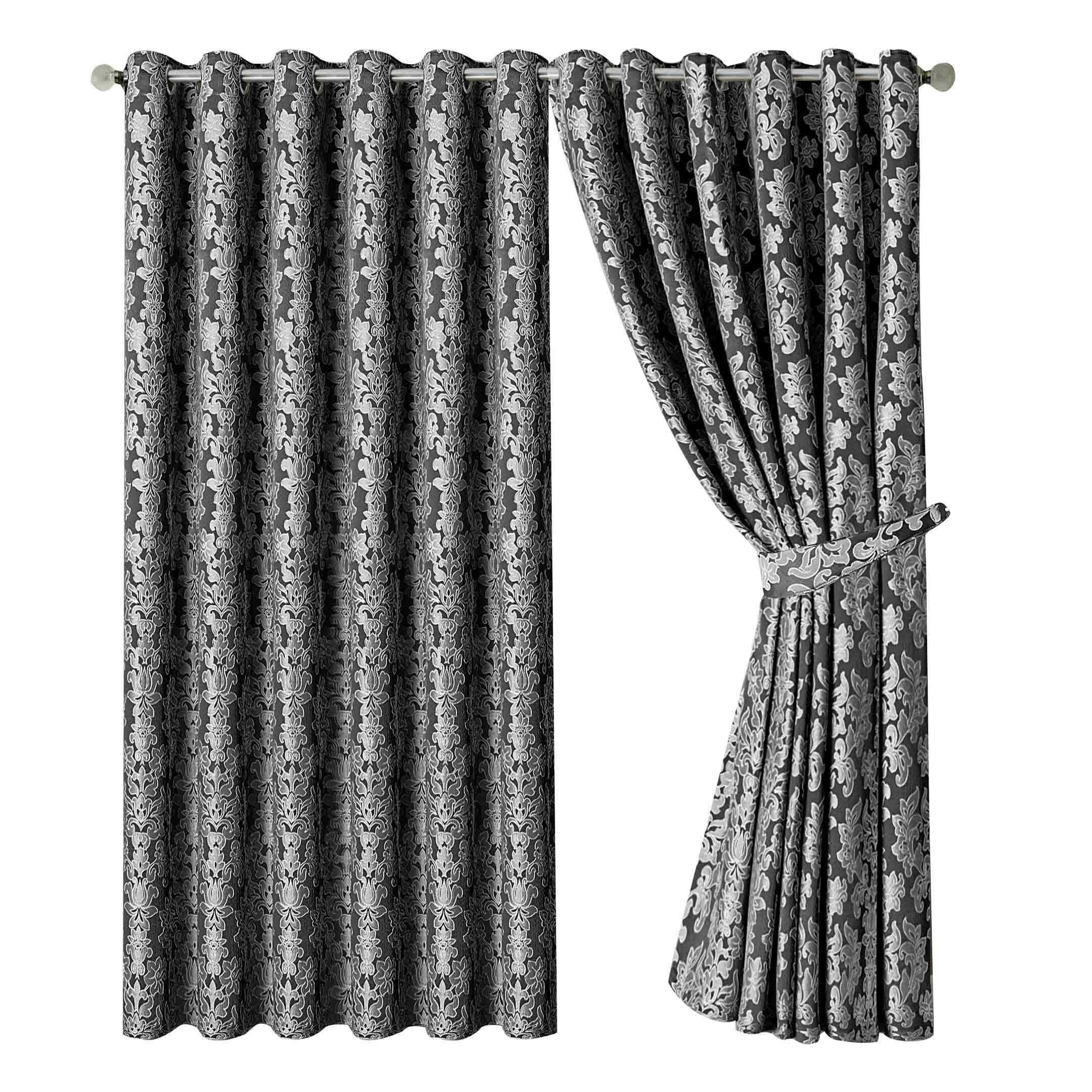 OpulentDreams Jacquard Curtains - Heavy Ring Top Window Curtains for Bedroom & Living Room - Fully Lined - Includes Two Tie Backs - Pair of Panels (Dark Grey - Eyelet, 66" x 72" (167 x 183 cm))