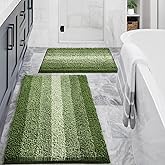 Gibelle Green Bathroom Rug Set 2 Piece, Chenille Non Slip Bath Mat Set, Absorbent Shower Rug and Bath Room Floor Mats, Quick Dry Bathmat Bathroom Decor Accessories for Tub, 16" x 24", 20" x 32"