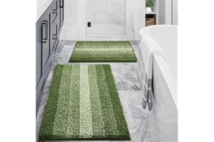 Gibelle Green Bathroom Rug Set 2 Piece, Chenille Non Slip Bath Mat Set, Absorbent Shower Rug and Bath Room Floor Mats, Quick Dry Bathmat Bathroom Decor Accessories for Tub, 16" x 24", 20" x 32"