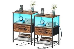 TRIFEBLE Night Stand Set 2, End Table with Charging Station, LED Bedside Table with Fabric Drawer for Bedroom, 3-Tier Side Table with Open Shelf, Rustic Brown