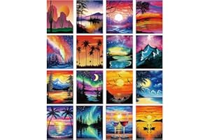 AmazingSpark 16 Pcs Pre Drawn Canvas to Paint Sunset Landscape Pre Drawn Canvas for Adults Stretched Printed Canva Bulk 8" x 10" Sip and Paint Kit for Artist DIY Art Christmas Party Adult Date Night