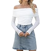Gleeneat Long Sleeve Sexy Tops for Women Off The Shoulder Shirt Slim Going Out Ruched Fall Trendy Clothes