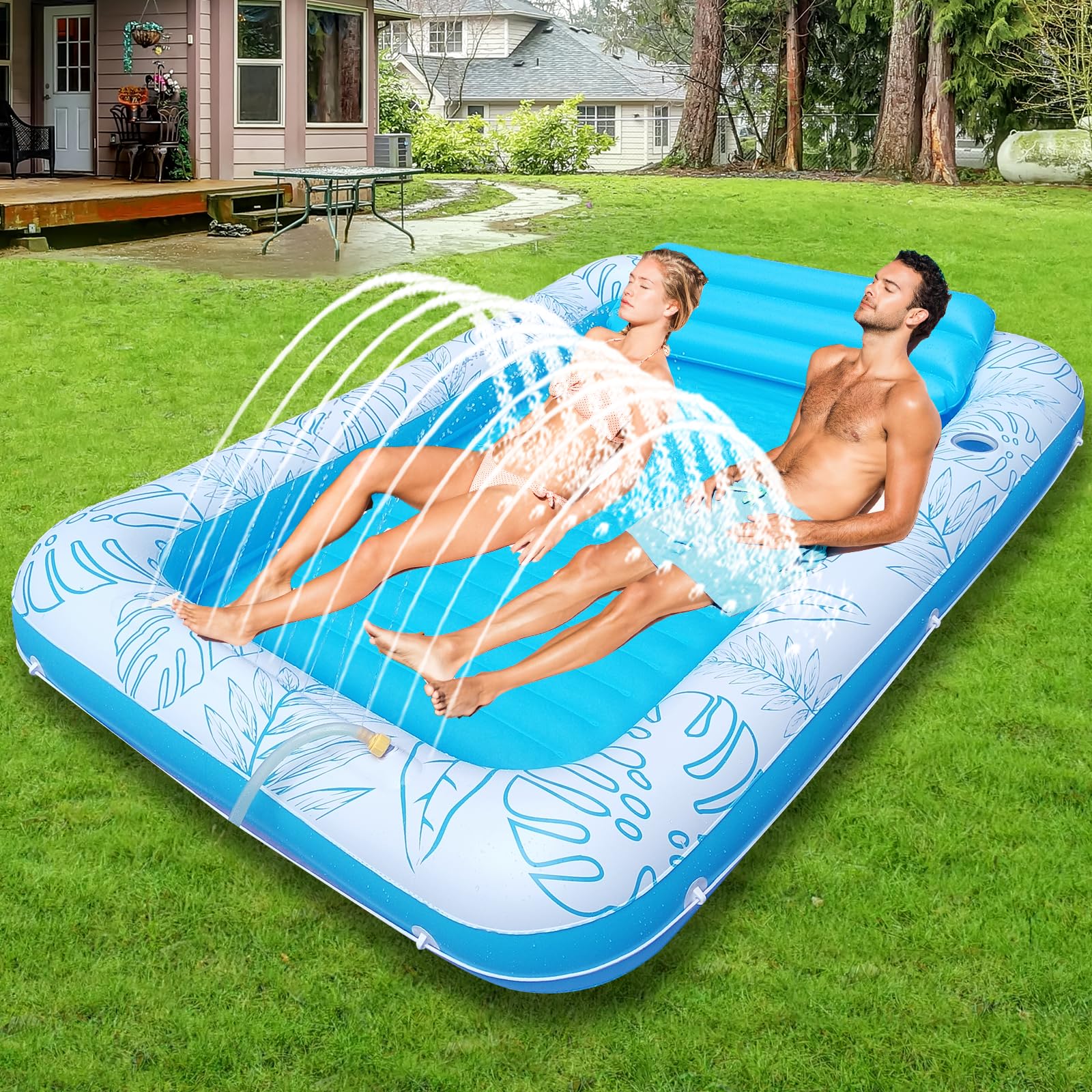 Photo 1 of 85" x 57" Extra Large Inflatable Tanning Pool Float Lounger with Sprinkler & Cup Holder, Adult Pool Raft for Backyard, Beach, or Lake, Pink/Blue – Durable PVC, Supports 440 lbs