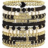 iF YOU 13pcs Heishi Clay Beaded Stretch Bracelets for Women, Boho Gold Surfer Stackable Bracelet Stacks White Brown Black Beach Jewelry