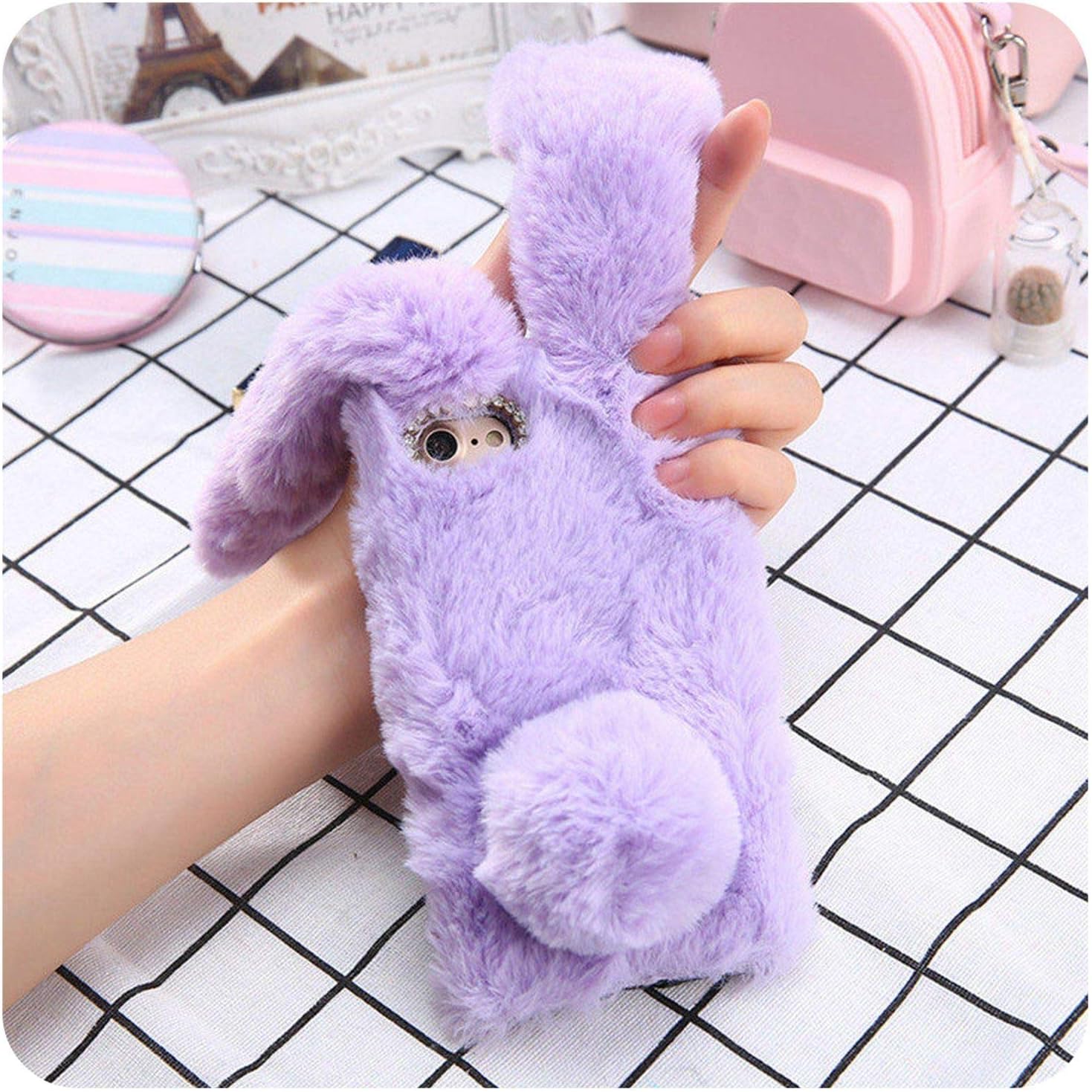 Fluffy Plush Warm Phone Cases for iPhone 11 X XR XS Max 7 8Plus SE 5 5s Case Fur Rabbit Diamond Cover Soft TPU for iPhone 11Pro,for iPhone 11,Purple Plush Case,United States