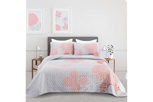 ANIBEDDING Pink Floral Quilt Set King Size 3 Piece Blush Flower Quilt Bedspreads, Grey and Pink Pattern Coverlet Set Lightweight Microfiber Reversible Bedding Set for All Season (104''x90'')