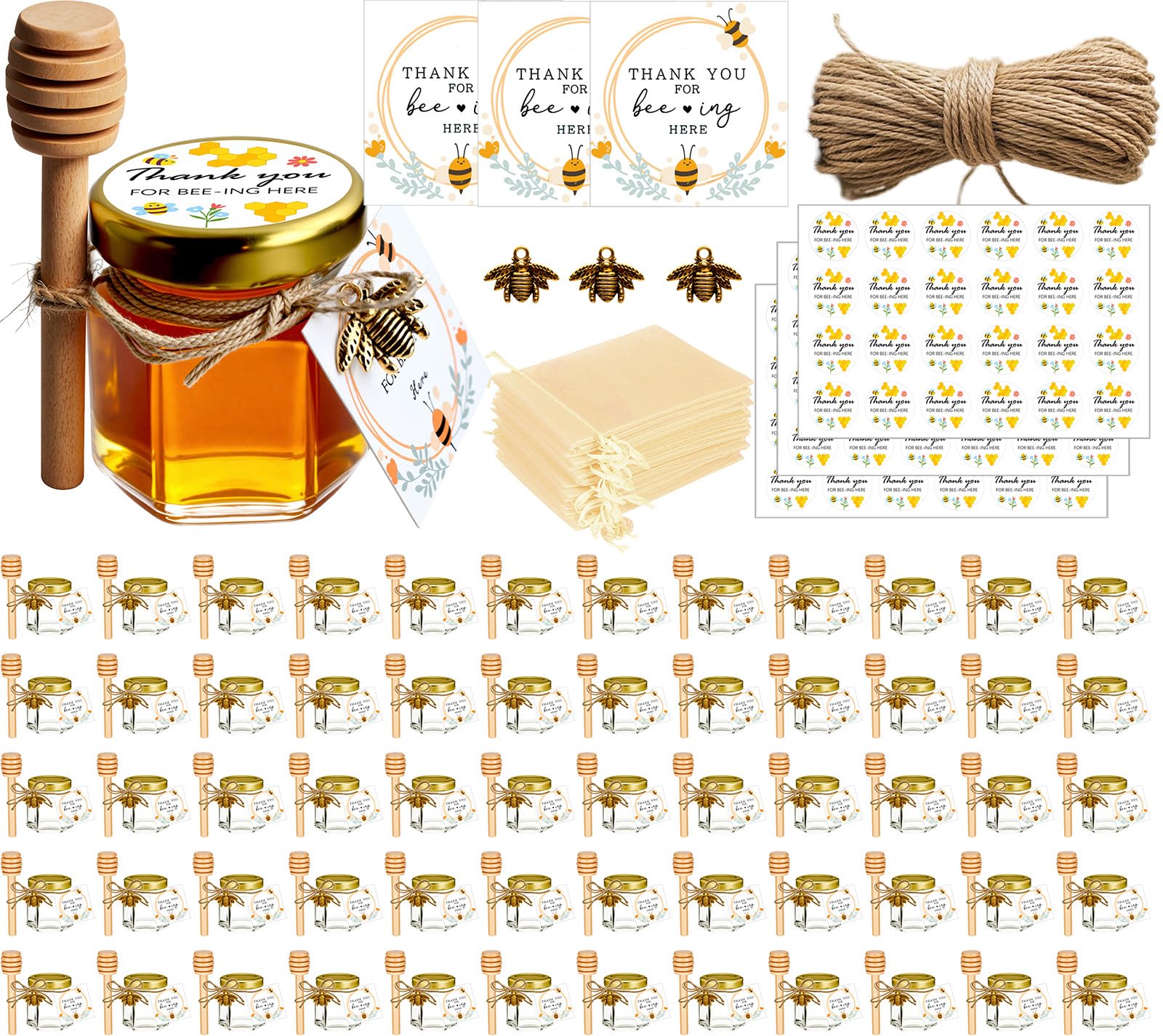 Photo 1 of Adabocute Honey Pot, Mini Honey Jars with Wood Dipper, Gold Lid, Bee Pendants, Beige Gift Bags, Thanks for Beeing Here Tags, Mini Honey Jars for Baby Shower Favors Wedding Favors, 60 Pack