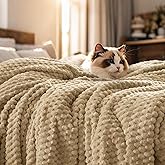 PHF Ultra Soft Flannel Fleece Blanket Queen Size, Lightweight 3D Jacquard Fleece Blanket, No Shedding, No Pilling, Luxury 340GSM Aesthetic Fluffy Cozy for Bed Room Decor, 90"x90", Khaki
