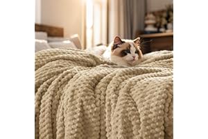 PHF Ultra Soft Flannel Fleece Blanket Queen Size, Lightweight 3D Jacquard Fleece Blanket, No Shedding, No Pilling, Luxury 340GSM Aesthetic Fluffy Cozy for Bed Room Decor, 90"x90", Khaki