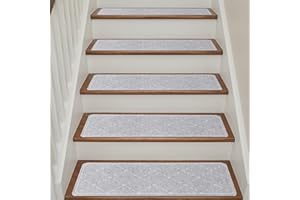 CrystalMX Stair Treads Non Slip for Wooden Steps Indoor, 15 Pack 9" X 28" Carpet Runners for Wood Stairs with Self-Adhesive Backing, Stickiness Stair Rugs for Kids Elders and Dogs, Diamond Light Grey