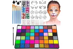 MULVINNIE 54 Colors Face Painting Kit, Non-Toxic Water Activated Face Paint Palette, Facepaint Makeup Kit with Brushes, Stencils, Gems, for Festivals, Halloween, Carnival, Birthday Parties