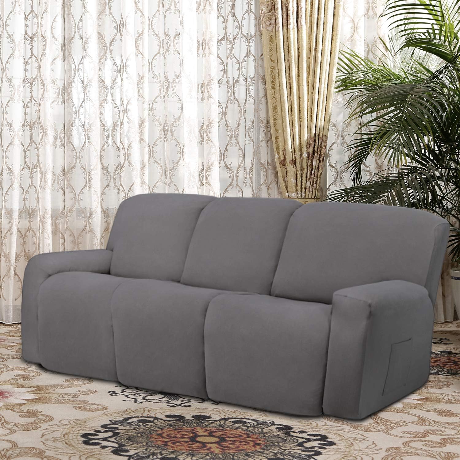 Easy-Going 8 Pieces Microfiber Stretch Sectional Recliner Sofa Slipcover Soft Fitted Fleece 3 Seats Couch Cover Washable Furniture Protector with Elasticity for Kids Pet(Recliner Sofa,Light Gray): Furniture & Decor