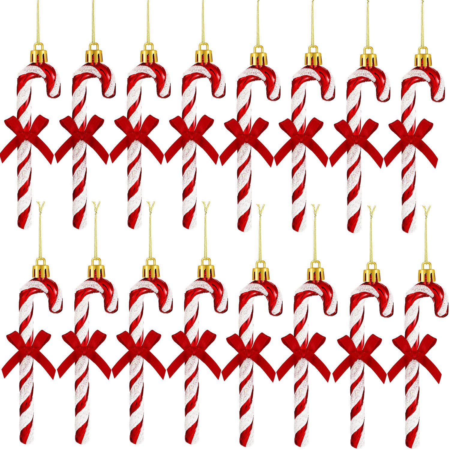 18 Pcs 130mm Glitter Candy Cane Christmas Tree Ornaments - Shiny Hanging Decorations with Ribbon Bowknots for Wedding Party (Red)