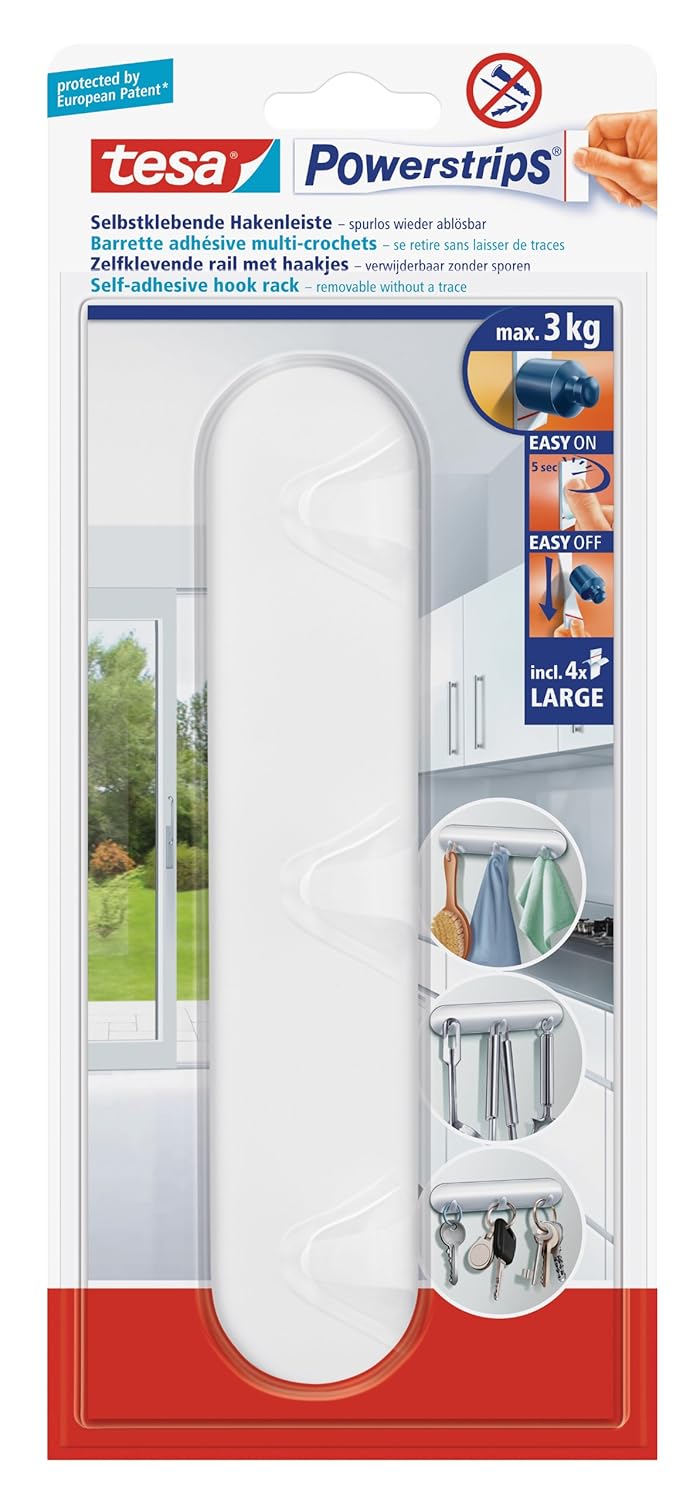 tesa UK Powerstrips Hook Rack with Removable Adhesive Strips White, 1