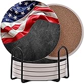 USA American Flag Draped United States Round Coasters Set of 6 - Abosrbent Ceramic with Metal Stand for Drinks, Coffee, Non-Slip Cork Back for Tabletop Protection, 4 Inches (Marble)