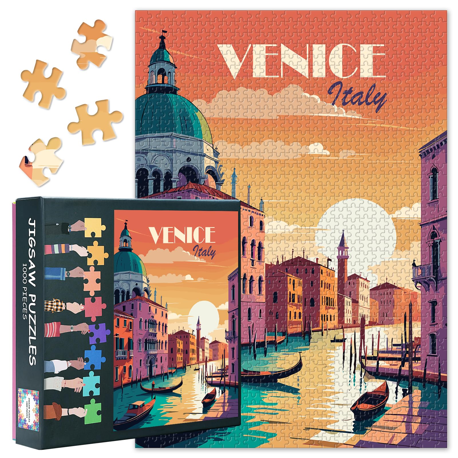1000 Piece Venice Italy Jigsaw Puzzle for Adults Retro Travel Destination Puzzle European Vacation Landscape Canals and Gondolas Vintage Illustration Art 27.5x19.7 Inch