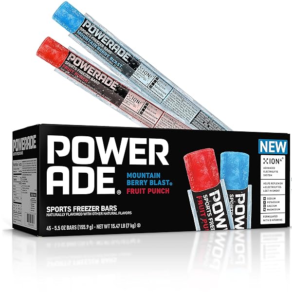 POWERADE SPORTS FREEZER BARS, GIANT SIZED 5.5 OZ REFRESHING ICE POPS WITH ELECTROLYTES B VITAMINS – NATURALLY FLAVORED, MOUNTAIN BERRY BLAST AND FRUIT PUNCH, 45 TOTAL FREEZER BARS