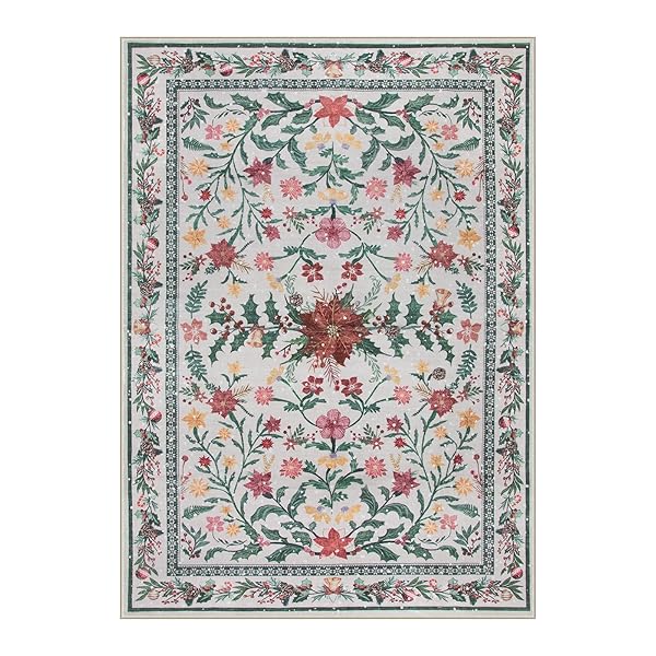 LAHOME 5X7 CHRISTMAS RUG FOR LIVING ROOM, BOHO SOFT RUGS FOR BEDROOM DECOR AESTHETIC, WASHABLE HOLLY BERRIES AREA RUG FOR DINING ROOM FIREPLACE APARTMENT RUSTIC DECOR