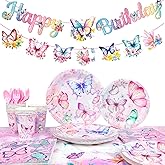 Butterfly Birthday Party Supplies, 16 Guests Butterfly Plates and Napkins Party Supplies, Butterfly Party Plates Napkins Cups Tablecloth Butterfly Birthday Decorations Banner