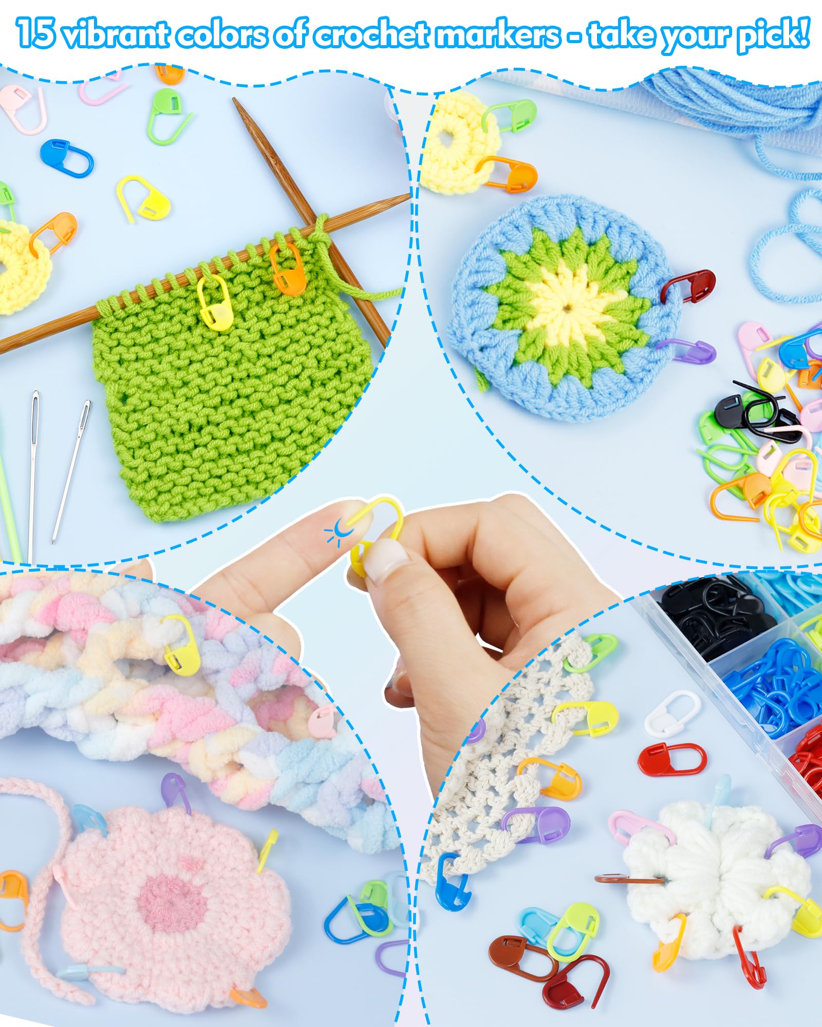 FIVEIZERO 220/900 Pieces Stitch Markers,with 15 Pcs Large Eye Blunt Sewing Needles,Colorful Crochet Stitchs Markers for Knitting Stitch Locking Clips Crochet Pins with Storage Box