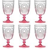 XUWAIDSGN 6Pcs Plastic Vintage Wine Glasses 13.5oz Reusable Embossed Goblet Glasses Pink Gradient Retro Wine Glassware Unbreakable Stemmed Champagne Water Cups for Wine Cocktail Juice Wedding