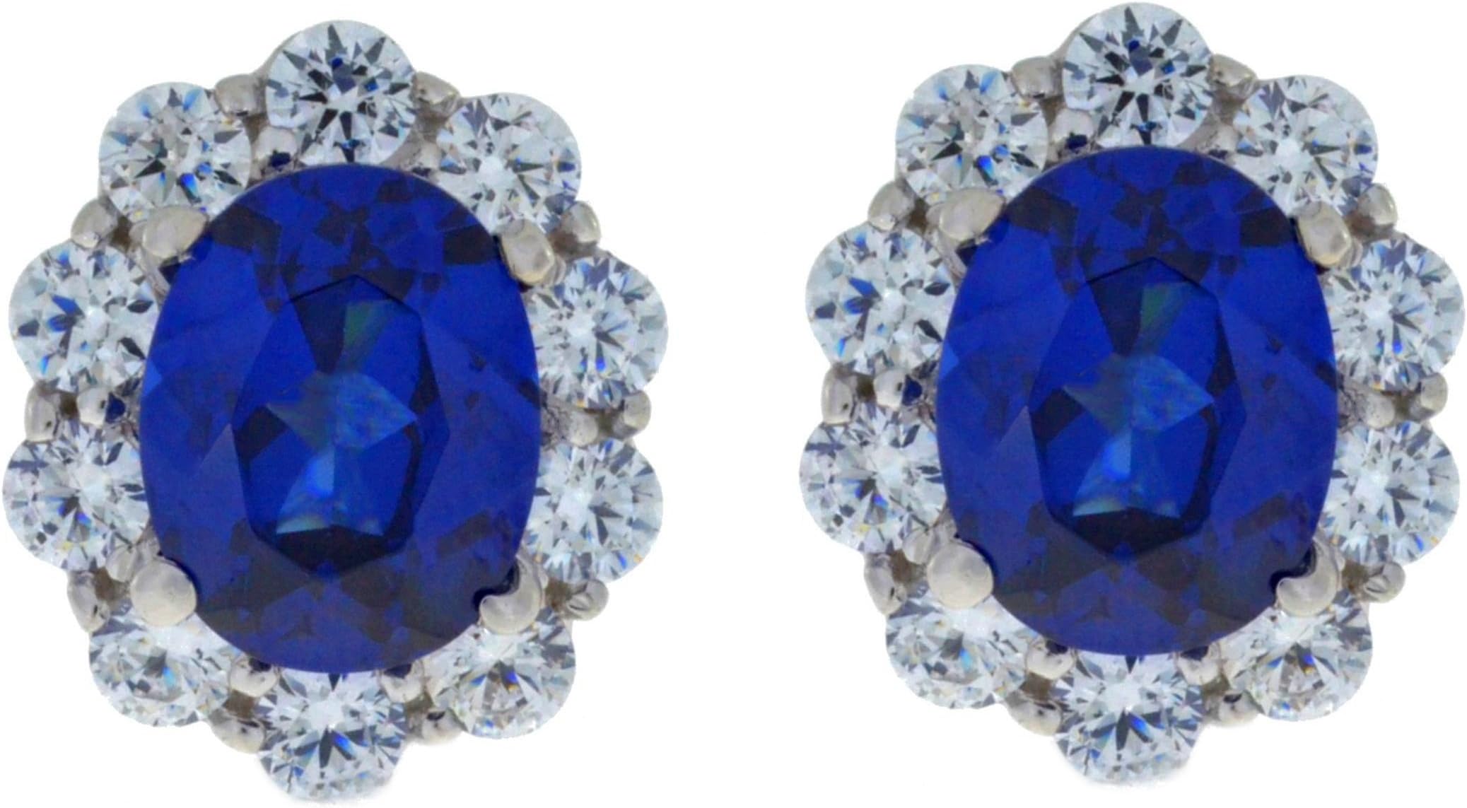 8 Ct Created Blue Sapphire & Zirconia Oval Stud Earrings .925 Sterling Silver Rhodium Finish