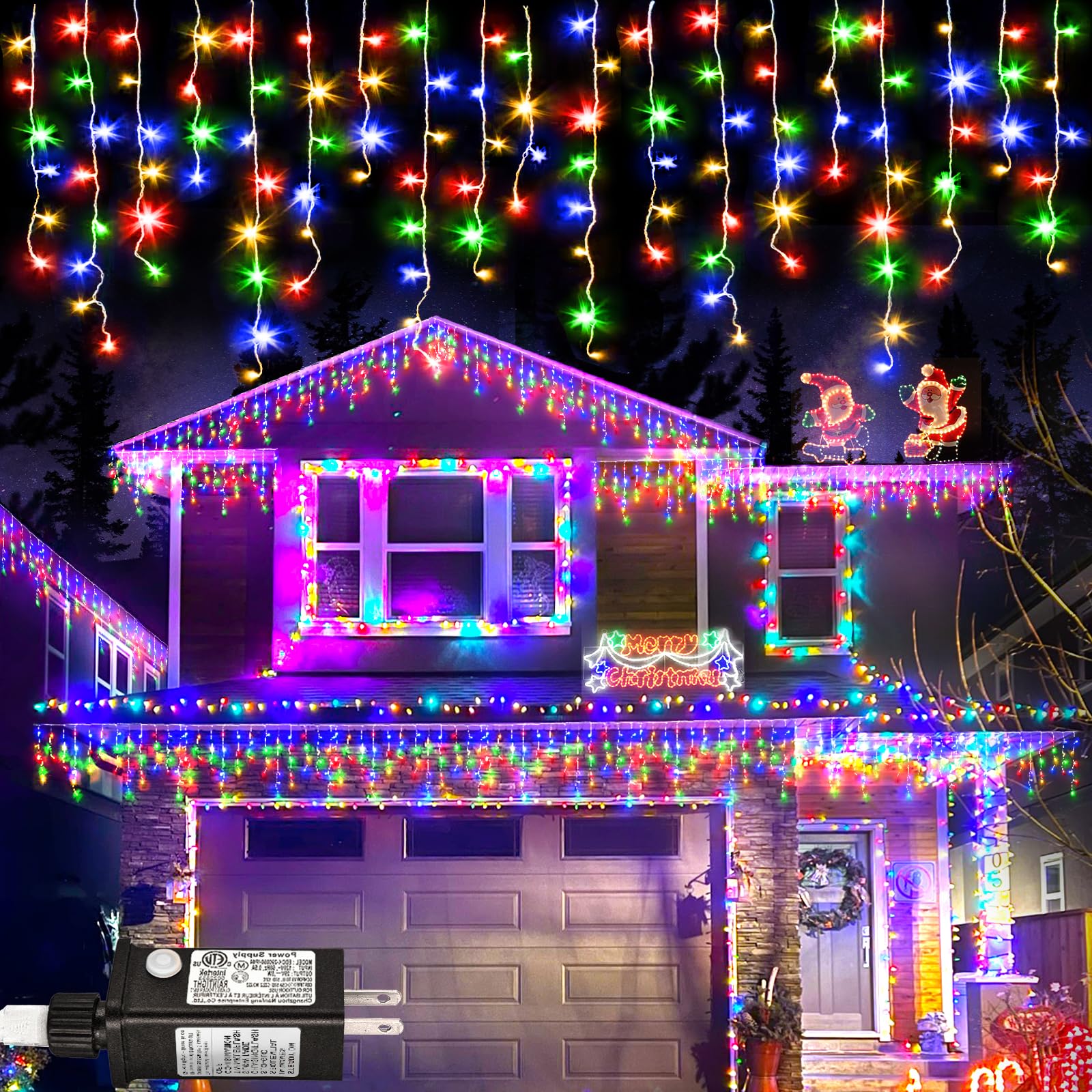 Photo 1 of 99ft Colored Christmas Lights Outdoor, 1216 LED Icicle Lights for Outside House with Clear Wire 8 Modes Timer, Plug in Waterproof for Home Holiday Eaves Yard Party Tree Room Wall Indoor Decoration