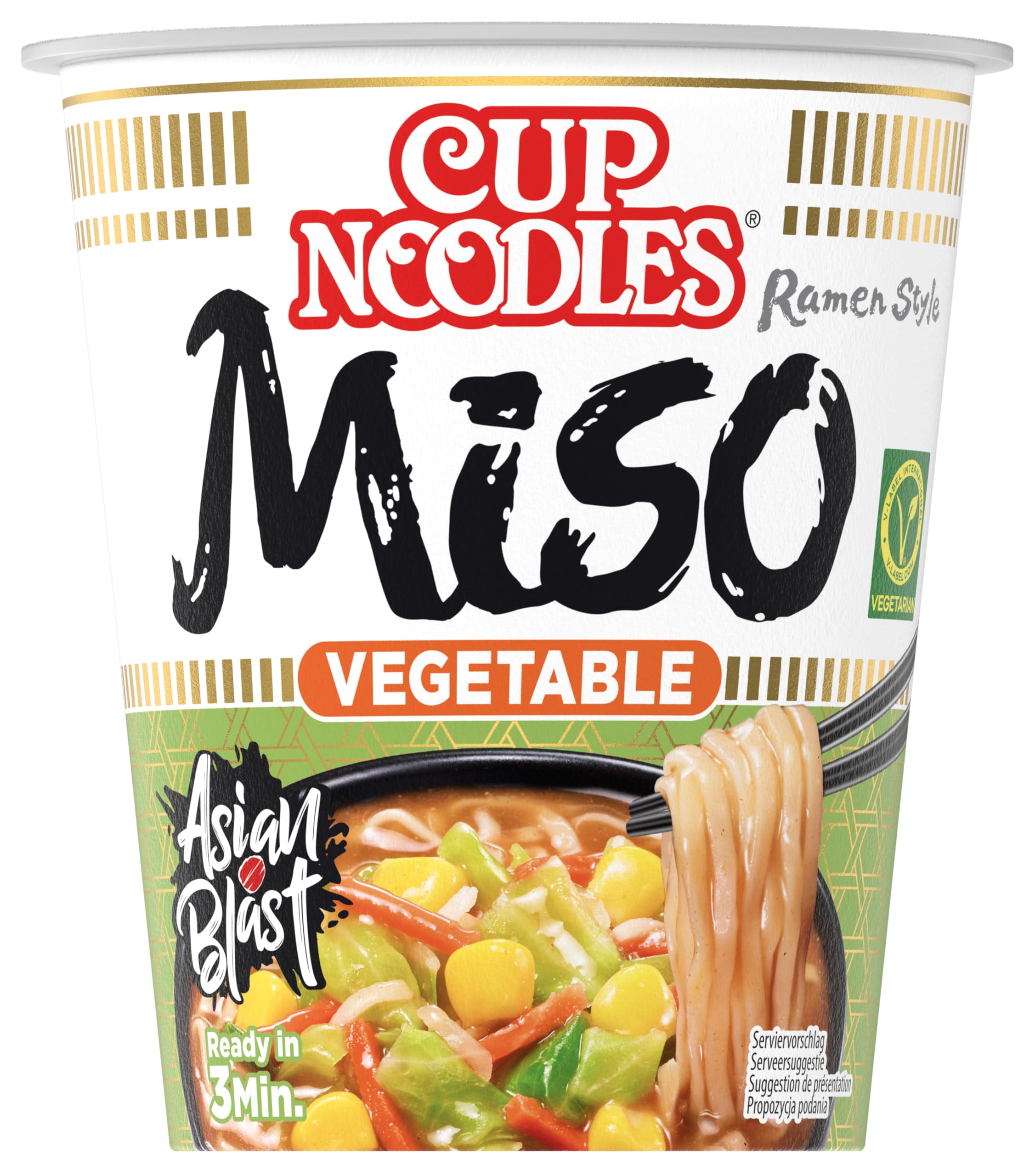 Nissin Cup Noodles – Veggie Miso, 8er Pack, Soup Style Instant-Nudeln japanischer Art, mit Miso-Paste und Gemüse, schnell im Becher zubereitet, vegetarisch, asiatisches Essen (8 x 67 g) 3