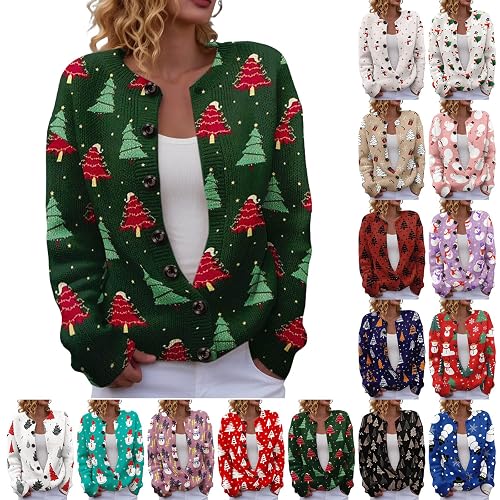 Christmas Cardigan, Christmas Jumpers for Women, Funny Xmas Tree Print Button Up Cardigans Open Front Comfy Vintage Knitted Sweaters Lightweight Fall Outfits Women's Fashion Clothing (Green #1, L)