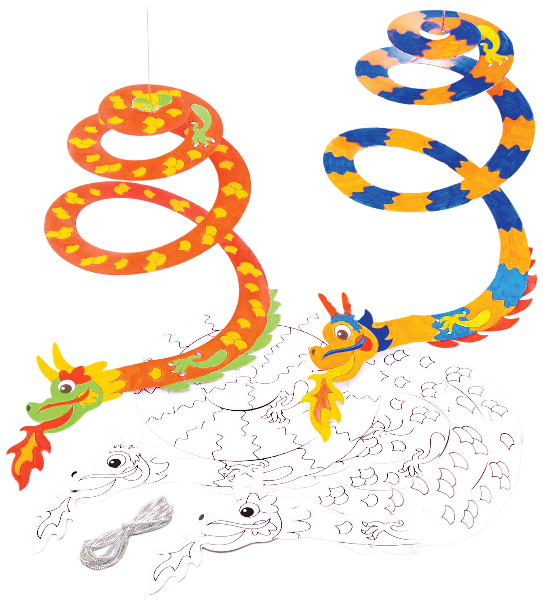 Baker Ross Dragon Spiral Mobiles - Pack of 10, Chinese New Year Craft Kit, Crafts For Kids (AT635),Silver