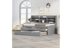 Bellemave Twin Captain Bed, Twin Beds with Trundle and Storage Drawers Wood Daybed Frame with Bookcase Headboard and Slats Support for Kids Boys Girls Teens, Gray