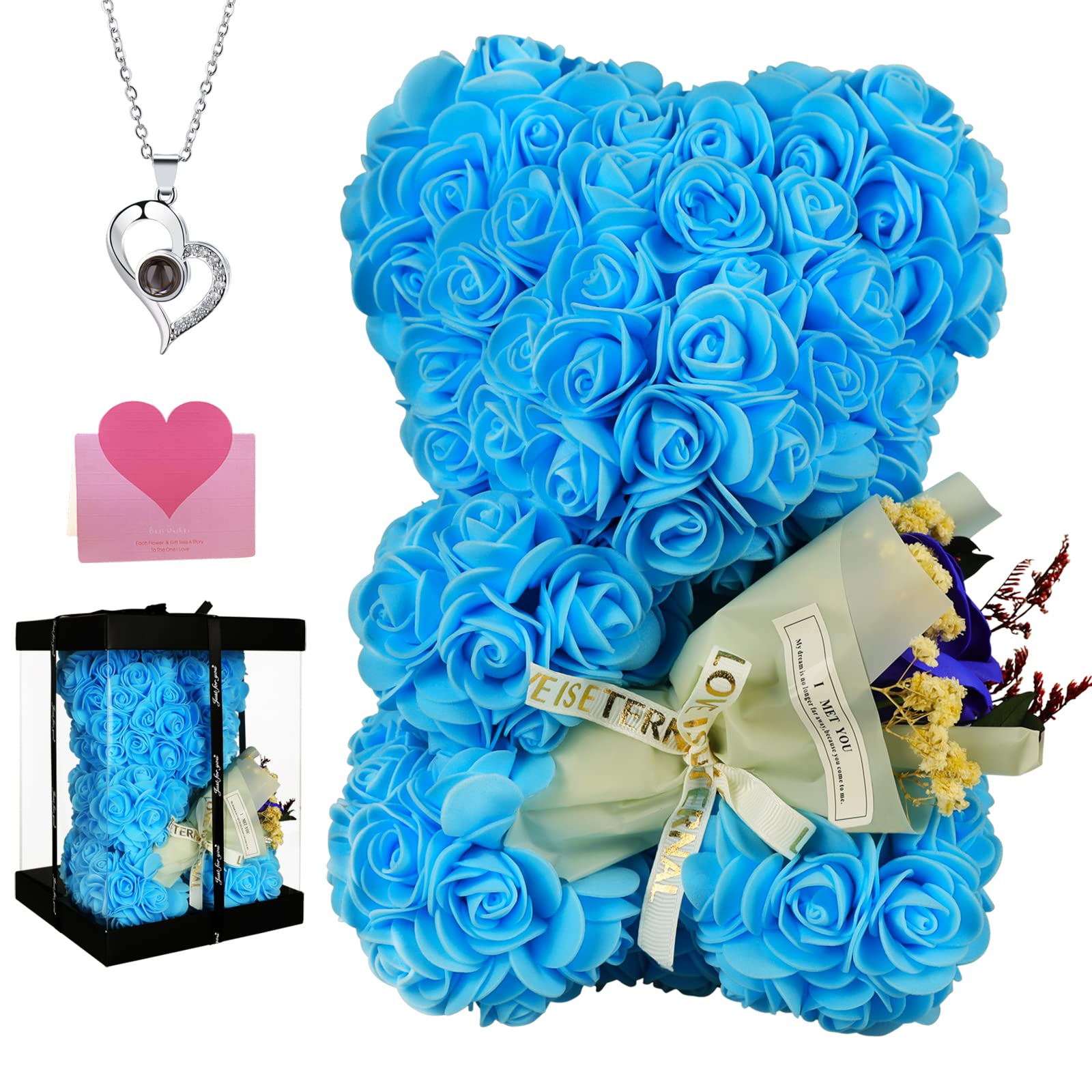POHOMEGK Mothers Day Flowers Gifts for Mum Rose Bear Gifts for Women,Rose Teddy Bear Flower Bear With I Love You Necklace in 100 Languages,Anniversary Birthday for Wife Mom Girlfriend Daughter (blue)