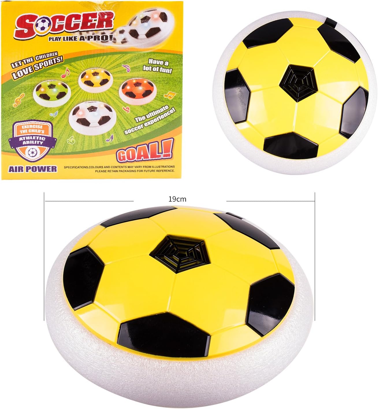 Hover Football Disc Floating Soccer Indoor Game Foam Bumpers LEDs--Yellow