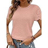 SHEWIN Womens Frenchy Summer Tops Crewneck Short Sleeve T Shirts Casual Waffle Knit Jacquard Blouses Top Shirts