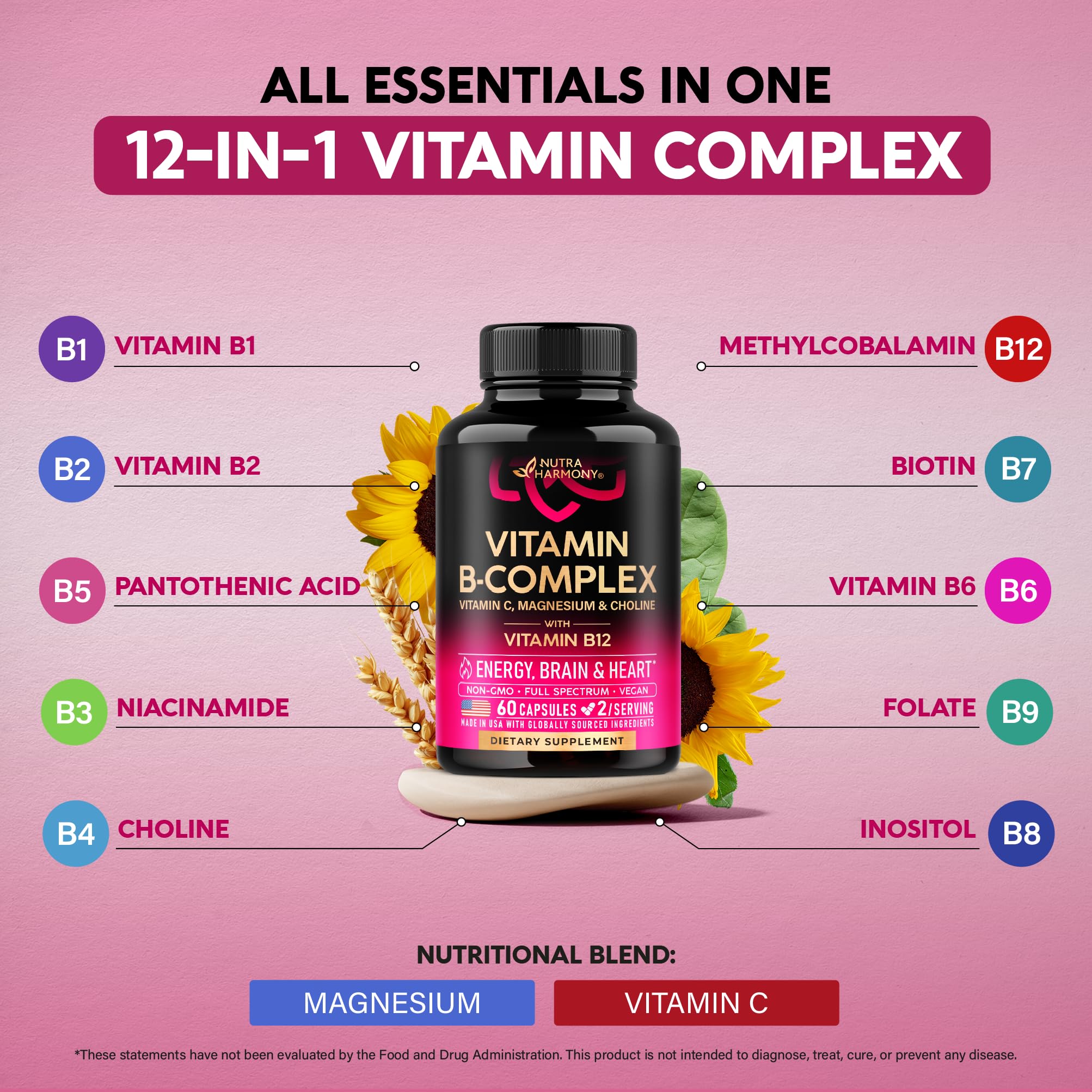 Vitamin B Complex for Men & Women - Riboflavin B2, B12, B1, B3, B5, B6, B7, B8, B9 | Vitamin C, Choline, Inositol - B-Complex Supplement - Energy, Brain & Heart Support - Made in USA, 60 Vegan Caps