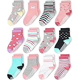 CozyWay Kids Socks With Grippers Non Slip Crew Grip Socks for Girls and Boys Soft Comfy Cotton Unisex - 12 Pack