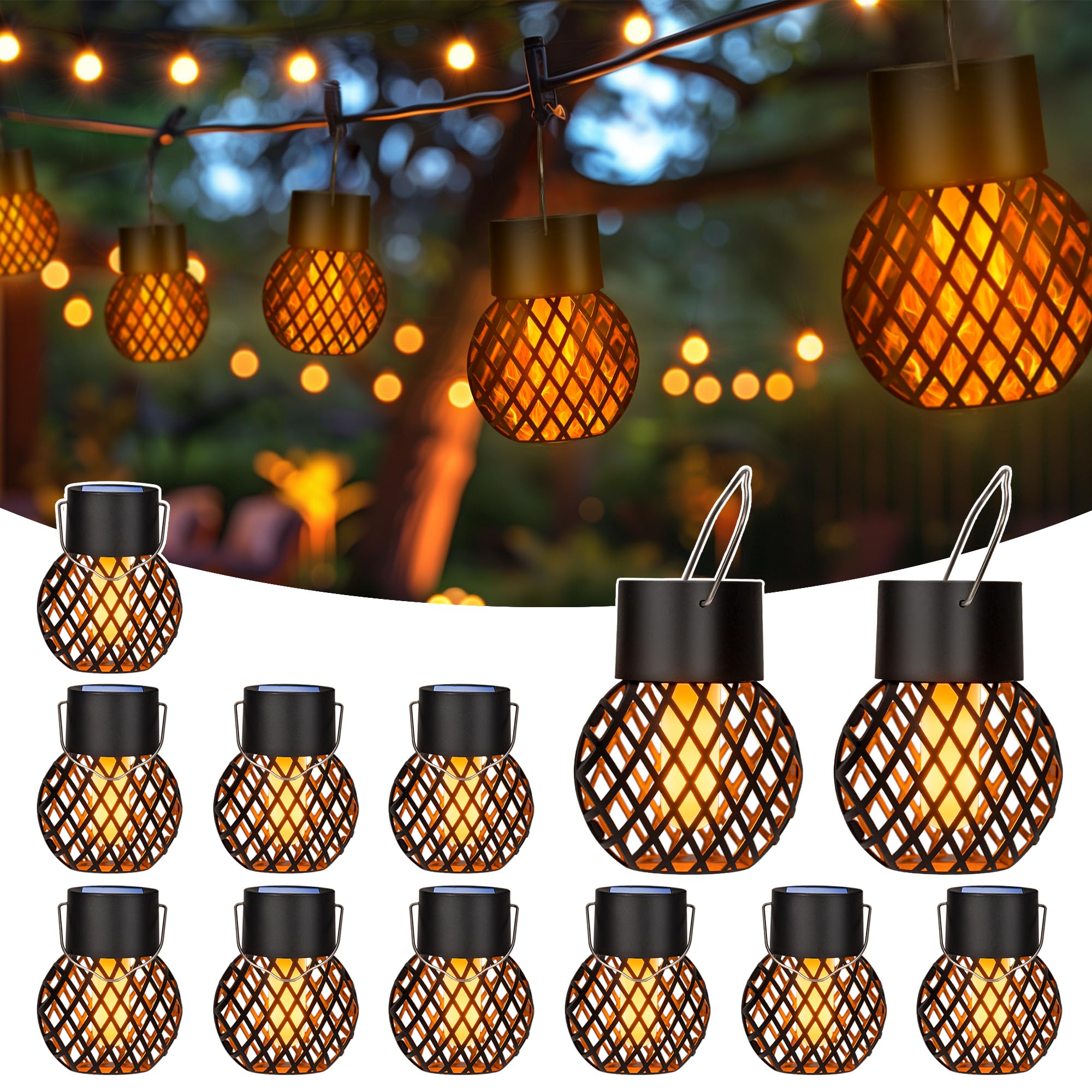 GIGALUMI Solar Lights Outdoor Garden, 12 Pack Flickering Flame Hanging Solar Lights, Waterproof for Garden, Yard, Fence, Tree