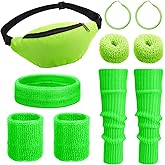 80s Women Neon Leg Warmers Headband Wristbands Earrings Hair Rings Fanny Pack Set Knit 80s Women Neon Accessories (Green)